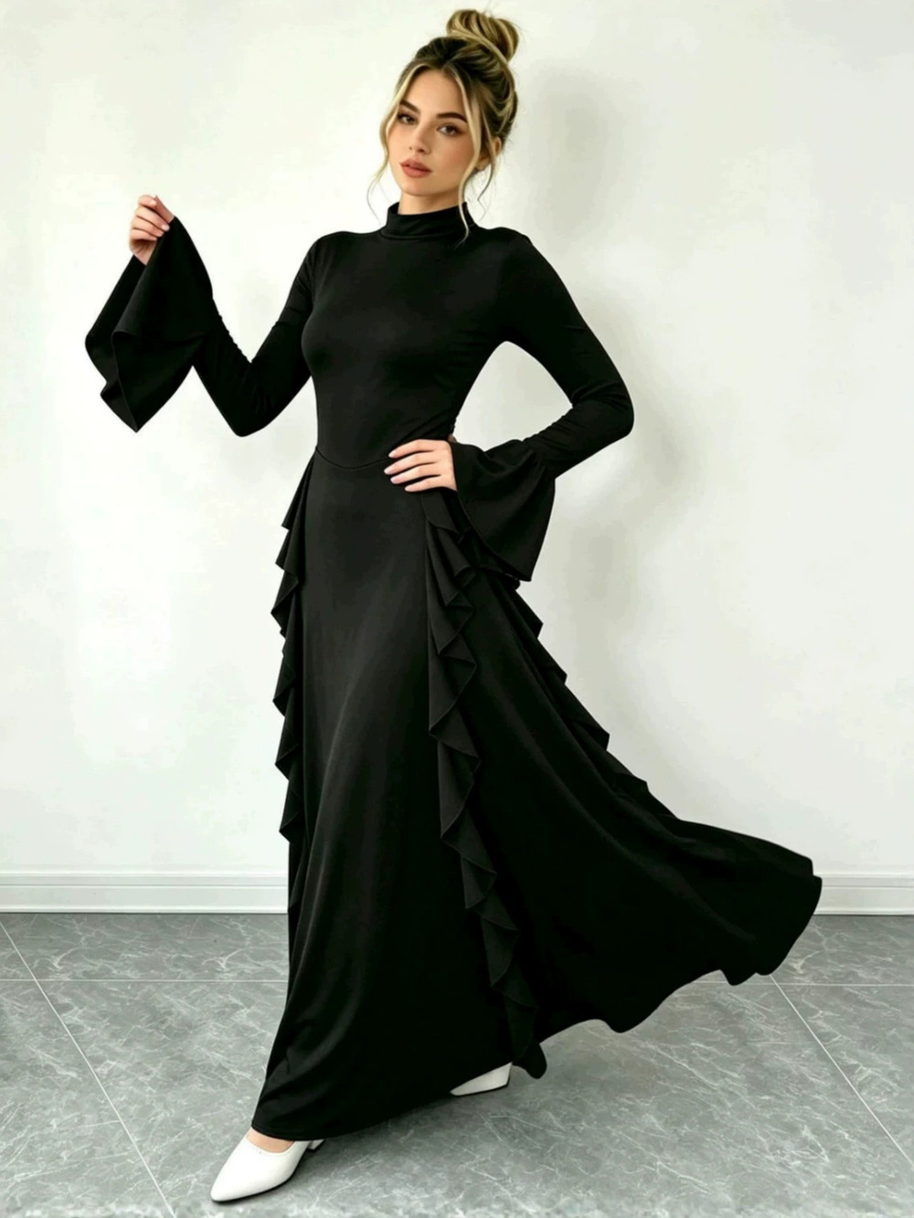 Zara High Waist Solid Color Bell Sleeve Ruffle Hem Maxi Dress